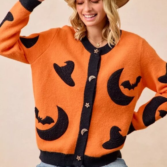 BiBi Halloween Witch Hat Moon Bat Artwork Cardigan‎ - Picture 6 of 16